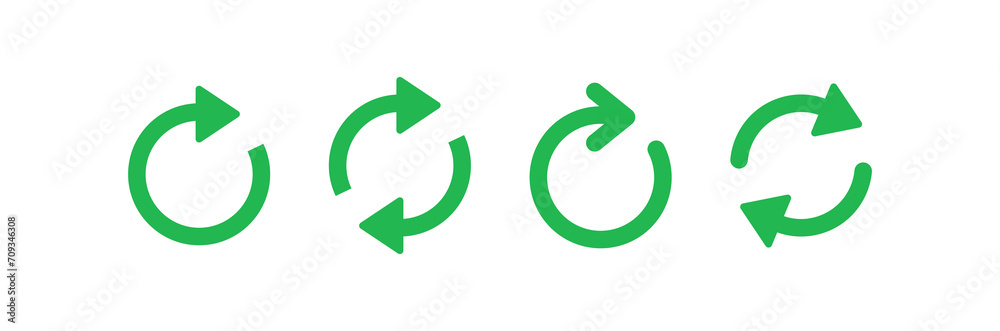 Aufkleber Refresh icon set. Arrow rotation circle. Sync repeat and reload arrow icon. Green recycling, recycle icon with two arrows