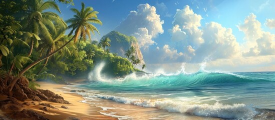 Stunning tropical island with palm trees, sandy coast, and crashing ocean waves.
