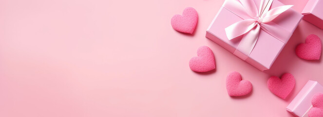 Valentine's day background with hearts and gift box on pink