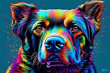 Pop art dog portrait with a burst of neon colors