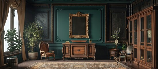 Antique wooden cabinet and ornate golden frame on a dark wall in a lavish living room