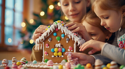 A family building and decorating an Christmas-themed gingerbread house. A picture of joyful family...