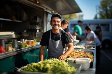 Cocinero vendiendo comida callejera en foodtruck