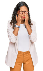 Young african american girl wearing business clothes rubbing eyes for fatigue and headache, sleepy and tired expression. vision problem