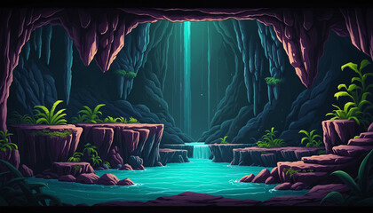 8-bit retro video game background of an underground cavern with stalactites and stalagmites. Seamless vector pixel art game design.