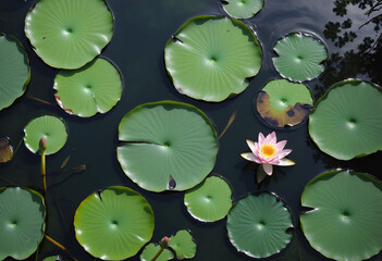 Aerial view of lotus flower in pond with water lily on dark canvas. Japanese zen garden scene....