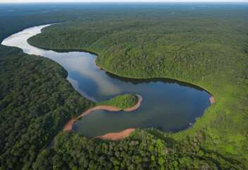 Amazon rainforest aerial scenery with winding river bend.