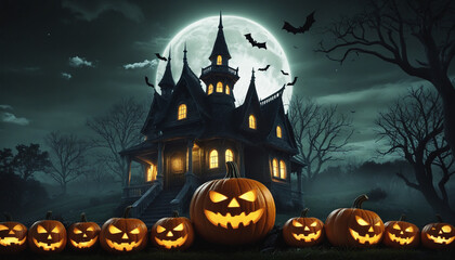 Fototapeta na wymiar Spooky Halloween Scene with Evil Pumpkin and Haunted House - 3D Rendering