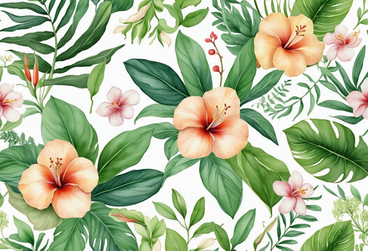 Watercolor Tropical Floral Green Leaves and Flowers on Transparent Background for Greeting or Wedding Cards