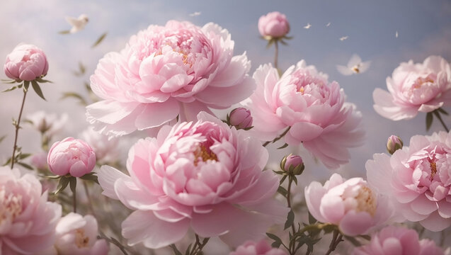Delicate pink peony blossoms and buds floating weightlessly on a light, airy background in a misty haze. Valentine's Day, International Women's Day, March 8	