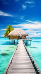 Generative AI image of Maldives beach with pier and a hotel room in the end o it on water