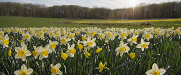 Obraz premium Spring meadow featuring a white and yellow banner daffodil illuminated with warm light in English