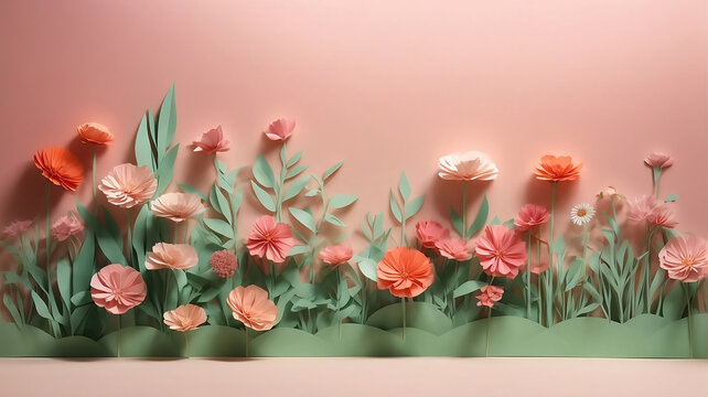 Composition of paper flowers and herbs in peach and gray-green colors, arranged at the bottom of the image with free space at the top. Valentine's Day, International Women's Day, 8 March