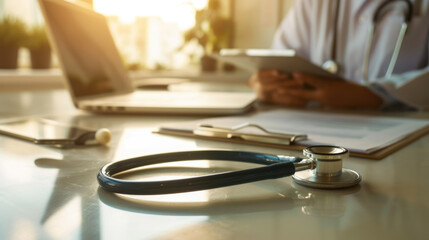 Close-up of a stethoscope on a wooden desk with a blurred background featuring a doctor writing on...