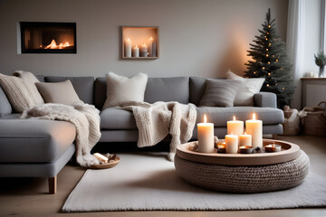 Fototapeta na wymiar Tablescape Aglow: Burning Candles Bring Indoor Warmth and Ambiance