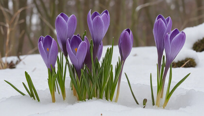 Blooming purple crocuses in the snow during early spring