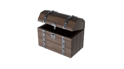 Opened wooden chest isolated on transparent and white background. Pirate concept. 3D render