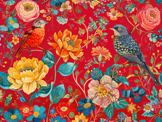 Obraz premium Beautiful Classic Victorian style Poetic and Hand Painted Retro Fine Art canvas for wallpaper and background with Colorful Peacocks, birds, Flowers and plants, Nature-inspired and floral botanical