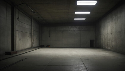 Shadowy subterranean storage setting, vacant cement car park with dim lighting. Surreal grim space with drab walls. Idea of modernistic styling, manufacturing, plant, gaming - obrazy, fototapety, plakaty