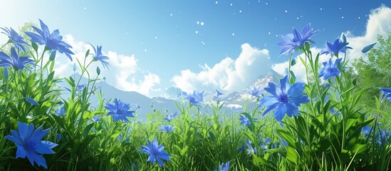 Fototapeta premium The vibrant blue flowers bloom beautifully amidst the lush green nature, under a clear, sunlit sky.