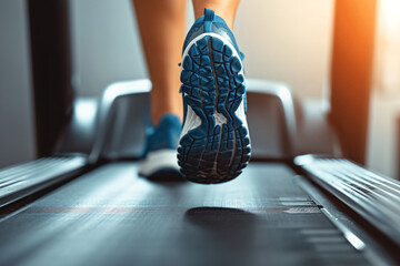 Running shoes of a person running on a treadmill close-up, working out at the gym, cardio training - obrazy, fototapety, plakaty