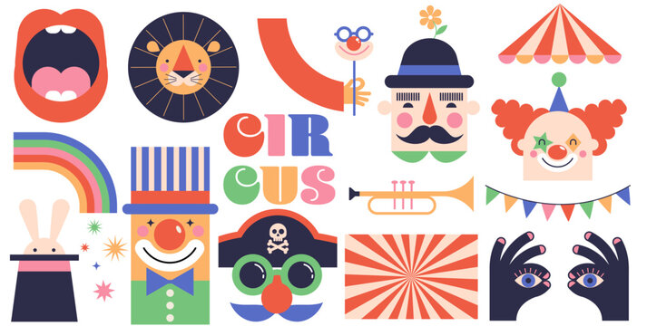 Circus, Carnival, Street Festival, Purim Carnival concept illustrations, Circus icons. Geometric retro style design. Vector illustrations, posters, banner