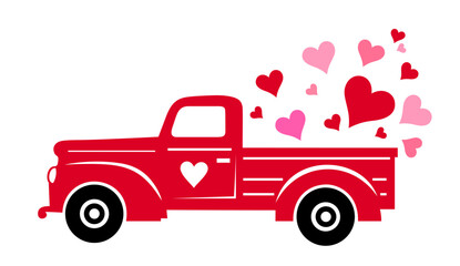 Happy Valentines Day, Red Truck, Vector Clipart, Truck