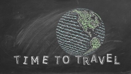 A spinning globe with the words Time to travel written on it. This is a hand-drawn illustration created using chalk on a blackboard.