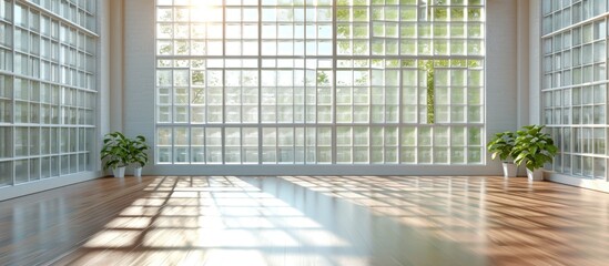 A vacant space filled with glass blocks and wooden floors in front of the windows.