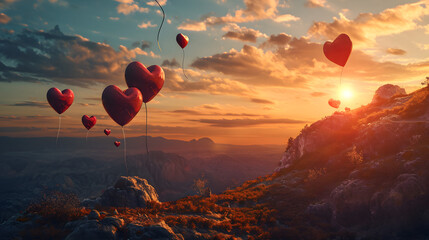 Romantic Sunset with Heart Balloons in Valentine's Landscape