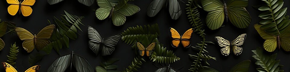 Tropical Foliage and Butterflies in Midnight Jungle