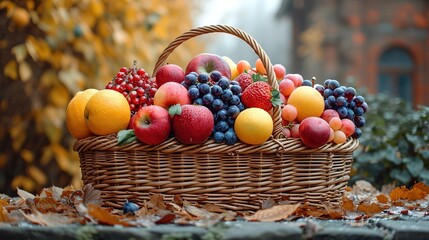 Fresh organic vegetables and fruits in wicker basket in the garden