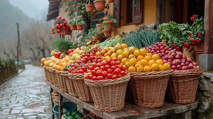 Fototapeta na wymiar Fresh organic vegetables and fruits in wicker basket in the garden