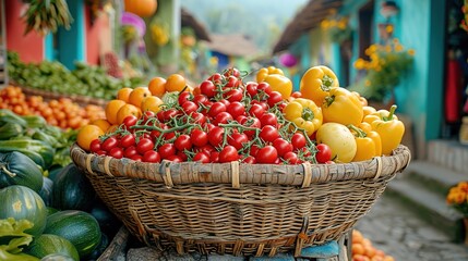 Fresh organic vegetables and fruits in wicker basket in the garden