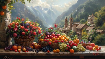Fresh organic vegetables and fruits in wicker basket in the garden - obrazy, fototapety, plakaty