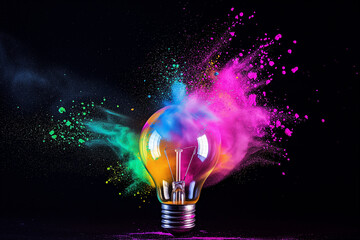 An incandescent light bulb glows against a dark background while exploding in a vibrant splash of neon green, blue, and pink powders