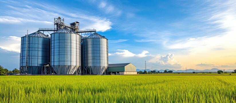 Grain storage and drying silos against blue sky with rice fields in the background.