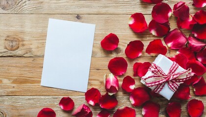 blank valentine card with space for the text scattered rose petals and gift top view