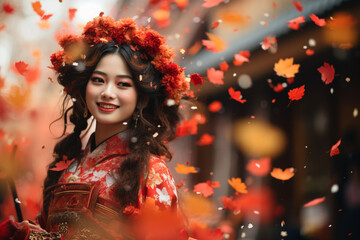 Obraz na płótnie Canvas Japanese culture set of spiritual and material values, kimano, asia, samurai lady history beautiful pretty cute happy girl woman traditional.