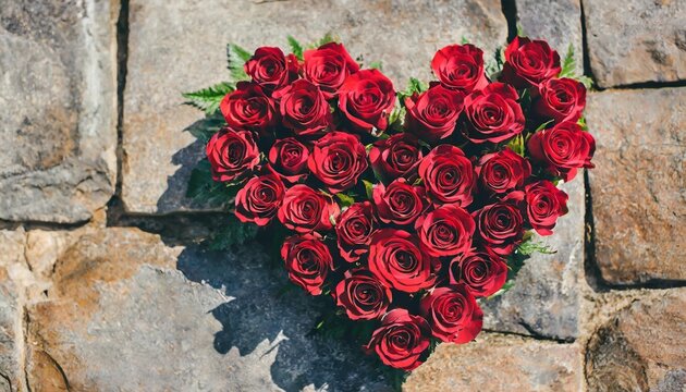 heart shaped red roses on stone background
