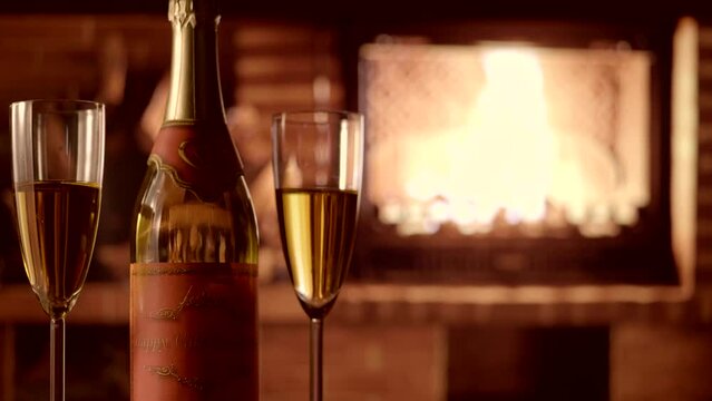 A bottle of champagne and roses near the fireplace for the Valentine's Day theme.
