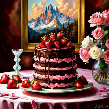 The photo shows a painting of a chocolate cake with strawberries. The painting is done in a realistic style, and it shows the cake in great detail. The cake is three layers tall, Generative AI