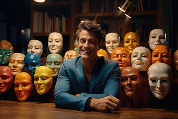 Fake emotion, character roles, intricate interplay of masks, moods, psychological defense mechanisms performed role-playing, concealing false visage for defense, theater Psychology psychoanalysis