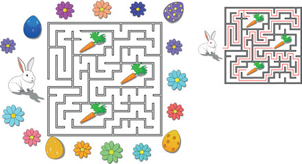 Help easter bunny pass through maze to find all carrots. Feed the hungry pet labyrinth. Game for kids and parents with solution - passing route.