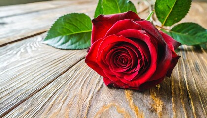 beautiful red rose on wooden background with card for valentine day and space for text