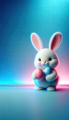 Friendly Easter bunny, gentle expression, holding Easter eggs, gentle blue background, blue and pink neon light.
