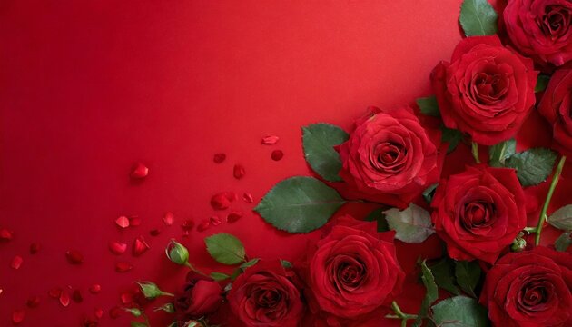 red roses flower on red background copy space flower frame top view high quality photo