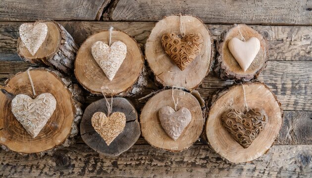 set of different craft hearts on wooden logs