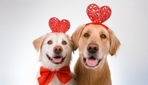 two happy dog present for valentine s day with a red ribbon on head and a heart shape diadem against white background