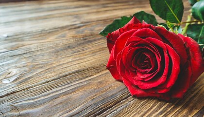 beautiful red rose on wooden background with card for valentine day and space for text